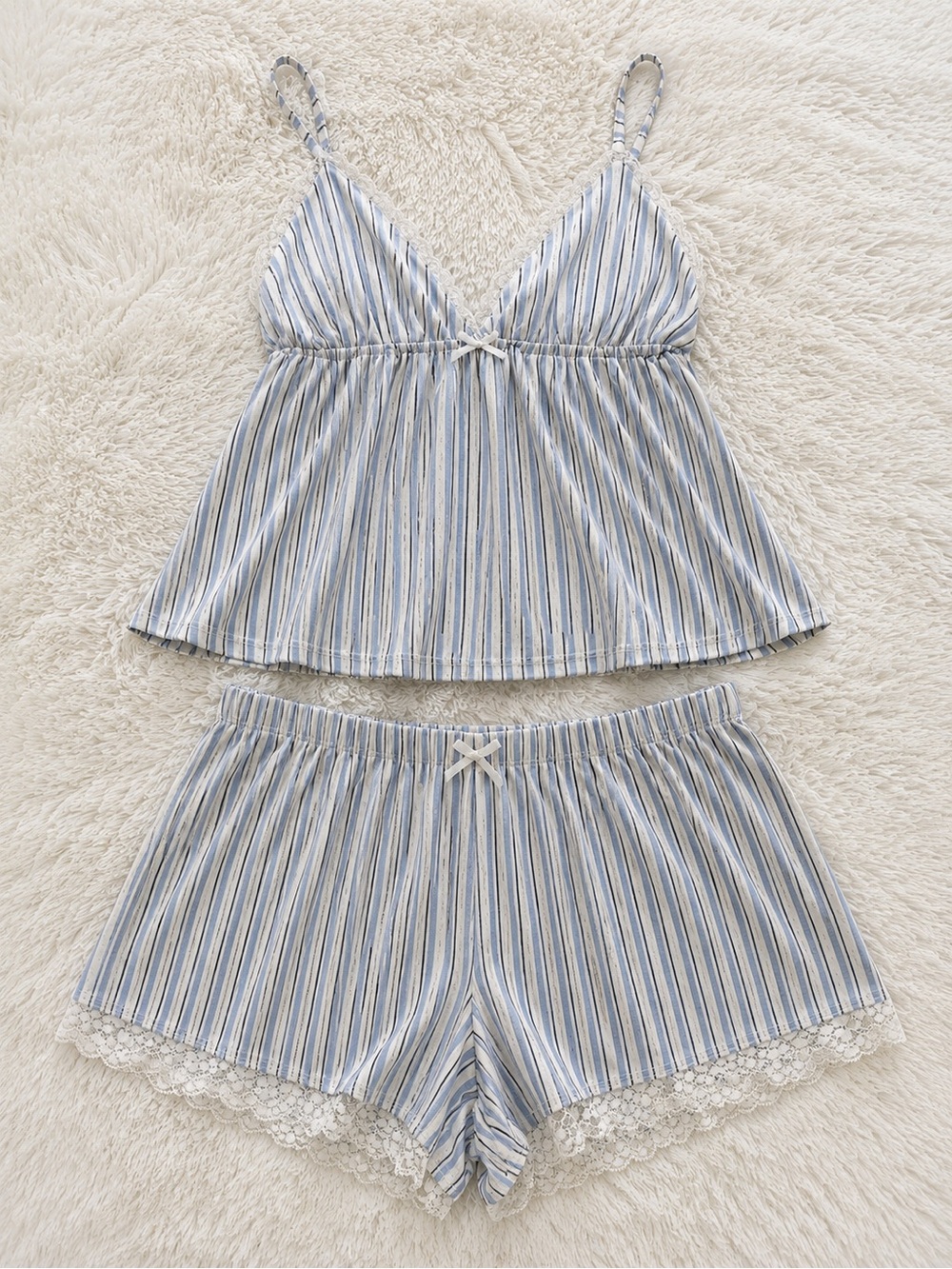 Pink Rose Blue & White Striped Lace-Trim Cami Short Pajama Set